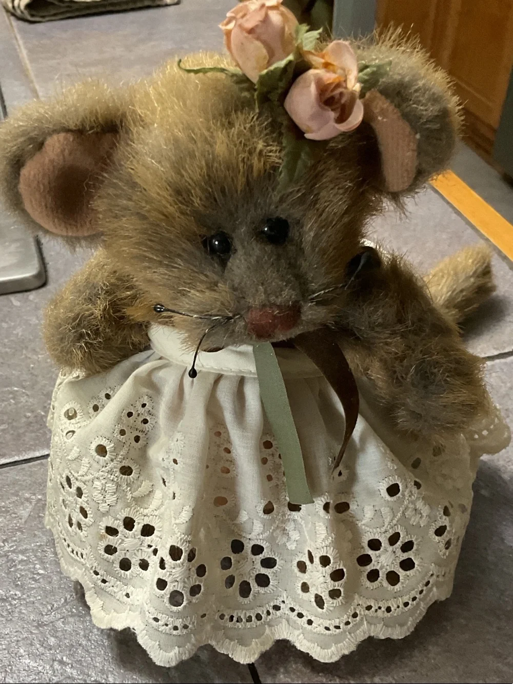 Plush Brown Mouse Toy with Cream Eyelet Dress and Rose Accent 1996